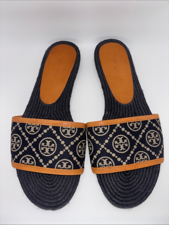 Tory Burch Shoes - Tory Burch Raffia Slide Sandals with Tan Trim and Logo Jacquard
